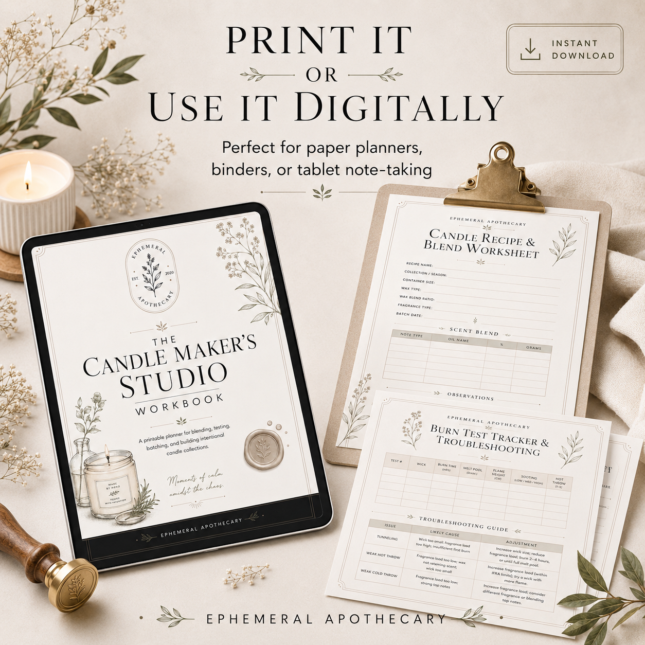 The Candle Maker’s Studio Workbook | Printable Candle Recipe Planner + Burn Test Log