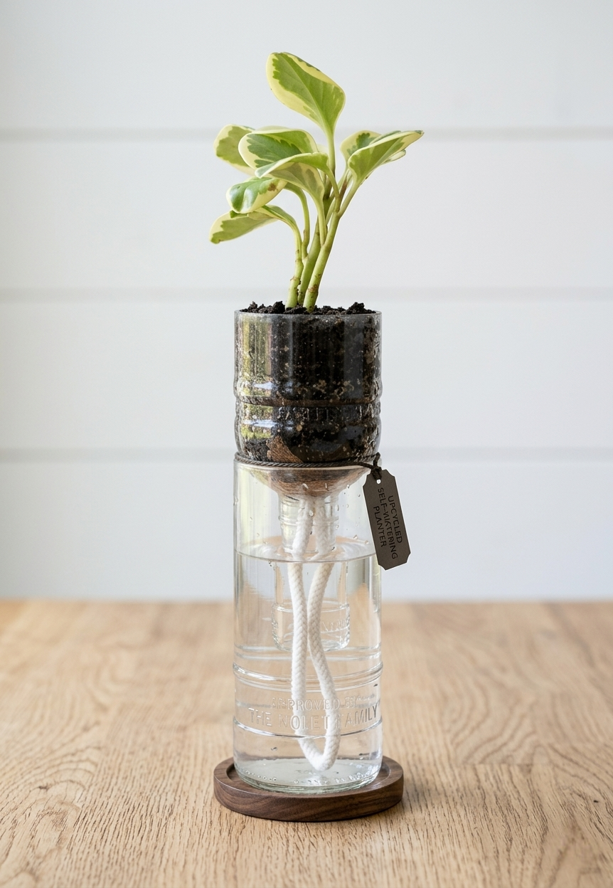 Upcycled Artisan Self-Watering Planter with Coconut Fiber & Wick — Soil & Plant Not Included