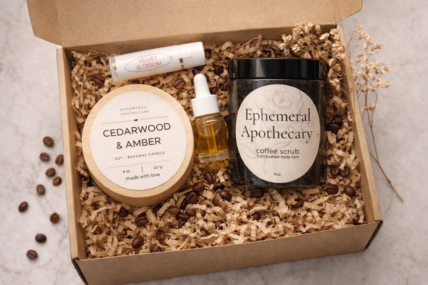 Ephemeral Self-Care Gift Set | Handmade Candle, Coffee Scrub, Lip Balm & Cuticle Oil