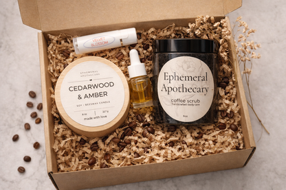 Ephemeral Self-Care Gift Set | Handmade Candle, Coffee Scrub, Lip Balm & Cuticle Oil