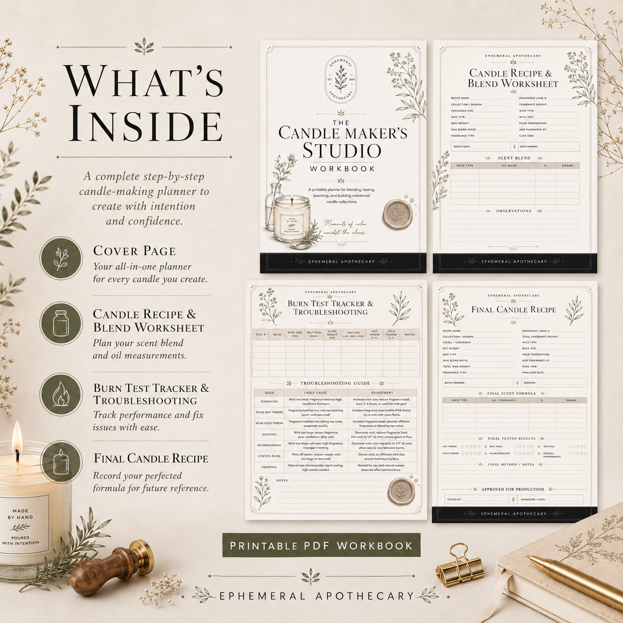 The Candle Maker’s Studio Workbook | Printable Candle Recipe Planner + Burn Test Log