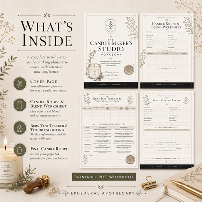 The Candle Maker’s Studio Workbook | Printable Candle Recipe Planner + Burn Test Log