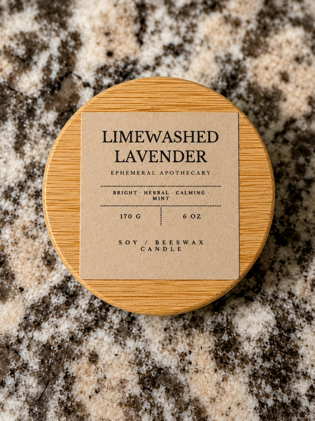 Limewashed Lavender soy and beeswax candle by Ephemeral Apothecary with bamboo lid