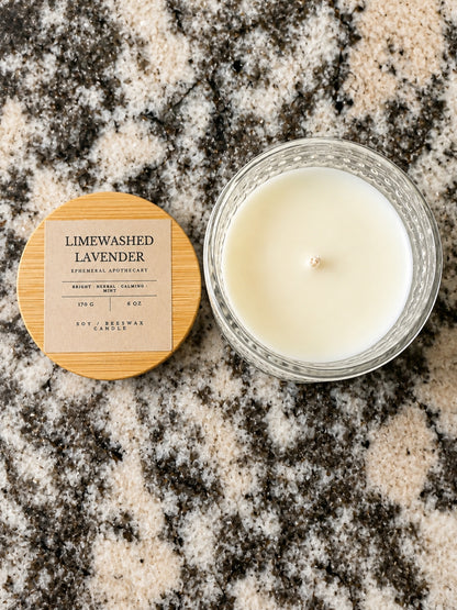 Overhead view of Limewashed Lavender candle jar and bamboo lid